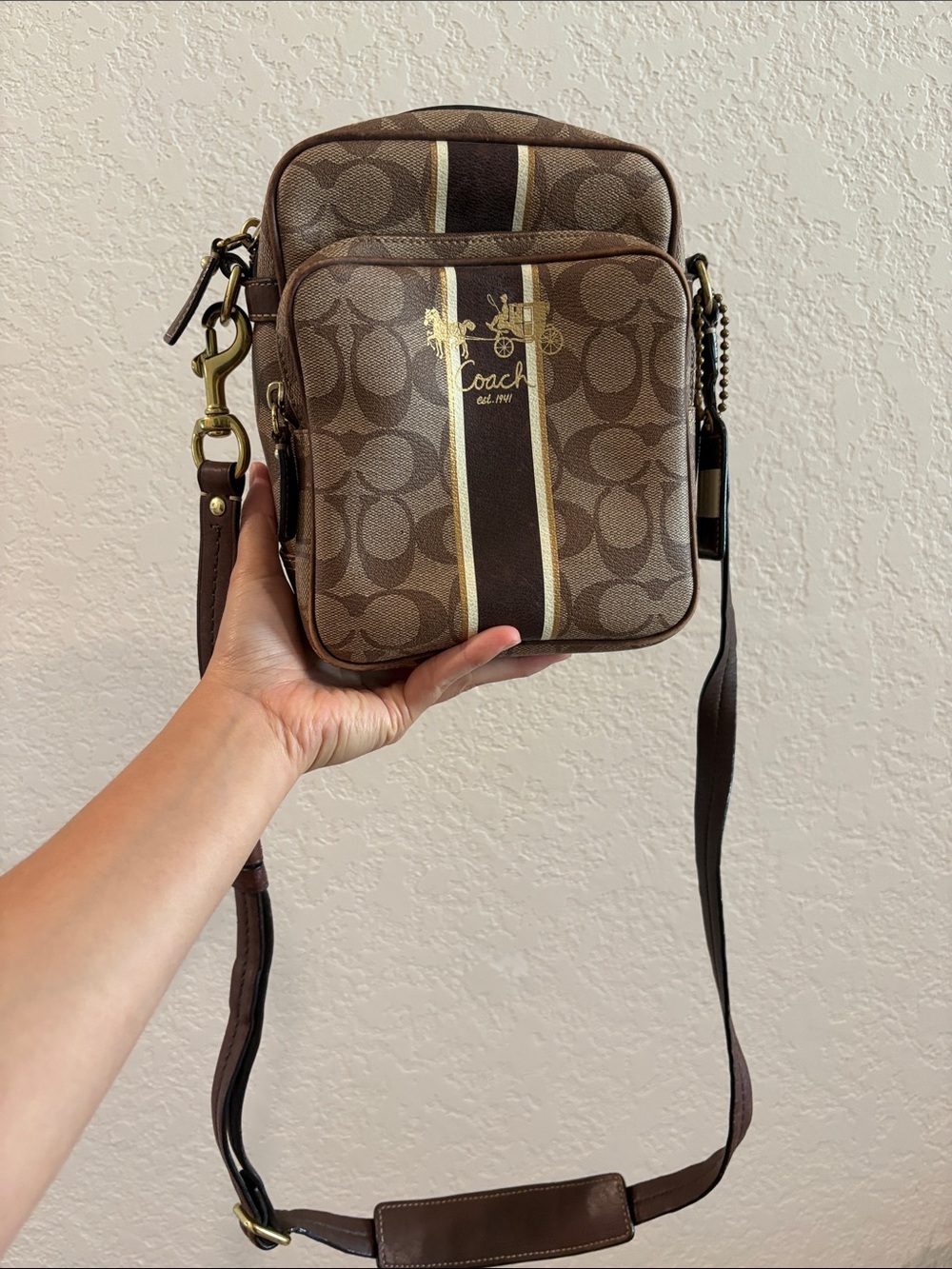 Coach Brown Signature Leather Messenger Crossbody with Stripes - Picture 14 of 14